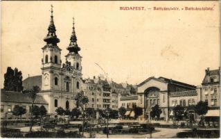 1913 Budapest I. Bomba tér (ma Batthyány tér), Budai vásárcsarnok, templom, üzletek (EK)