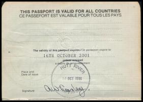 1996-2001 Hutt River Principality fényképes útlevele. A "Hutt Folyó Hercegségét (1970-2020) 197...