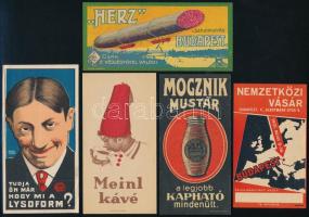 cca 1910-1930 5 db színes, litho számolócédula (Herz Szalámigyár, Mocznik mustár, Meinl kávé, Lysoform, BNV)