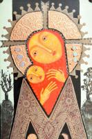 Ifj. Kátai Mihály (1935-2020): Mária a kisdeddel. Tűzzománc kép, hozzáillő bronzlemezzel fedett kere...