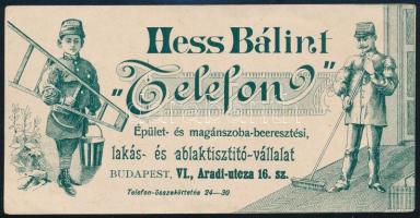 cca 1910-1920 Hess Bálint ,,Telefon" Épület- és magánszoba-beeresztési, lakás- és ablaktisztító-vállalat számolócédula