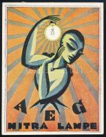 cca 1920 AEG Nitra Lampe, art deco reklámcímke, 10,5x8 cm