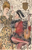 Bor, Dal, Szerelem XVII. c. litho, Baroque couple, horse, wine art postcard, litho