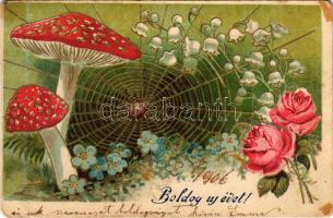 1905 Boldog új évet! gomba, pók, virágok / New Year greeting with mushroom, spider and flowers. Golden decorated, litho (fl)