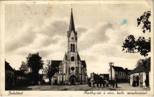 1937 Zalalövő, Horthy tér, Római katolikus templom, üzletek (EK)