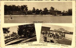 1939 Kakasszékfürdő (Orosháza), strand, fürdőzők, tó részlet a parti sétánnyal, hidegfürdő a szanatórium látképével (EK)