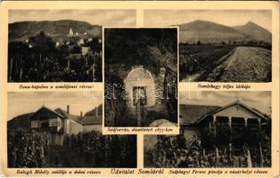 1934 Somló, Ilona kápolna a somlójenei résszel, Somlóhegy teljes látképe, Séd-forrás díszíttetett 1877-ben, Balogh Mihály szőlője a dobai részen, Széphegyi Ferenc pincéje a vásárhelyi részen (EK)