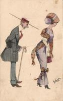 Mand and woman humorous card, B.K.W.I. 301-4. artist signed, Férfi és nő humoros lap, B.K.W.I. 301-4. szignós