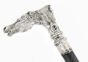 Antik sétabot, lófej alakos ezüst (Ag) fejjel, jelzéssel, kopással, h: 93 cm