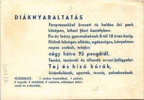 Bihar megyei diáknyaraltatás reklámja. Felvilágosítás: Budapest VII. Erzsébet körút 48. (EK)