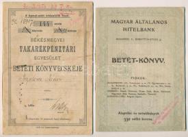 1916. Békésmegyei Takarékpénztári Egyesület betéti könyvecskéje részben kitöltve + 1921. Magyar Általános Hitelbank betét könyve, részben kitöltve. Használt állapotban, az egyiken foltok.