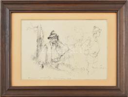 Würtz Ádám (1927-1994): Parasztférfi, falusi életkép. Tus, toll, papír. Jelzett, a művész autográf ajándékozási soraival. Paszpartuban, üvegezett fakeretben, 18x27 cm/ ink on paper, signed, framed