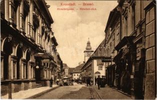 1909 Brassó, Kronstadt, Brasov; Hirscher utca, Carl Dendorfer üzlete, söröző / street view, shop, beer hall (EK)