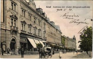 1906 Arad, Andrássy tér, Központi szálloda és kávéház, Lengyel Lőrinc bútorgyára. Kerpel Izsó kiadása / square, hotel and café, furniture factory (EB)