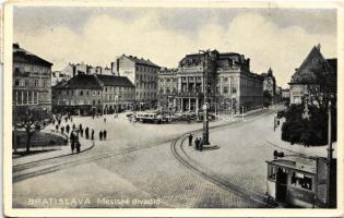 1936 Pozsony, Pressburg, Bratislava; Mestské divadlo / színház, autóbusz, villamos, üzletek / Stadttheater / theatre, autobus, tram, shops (EK)