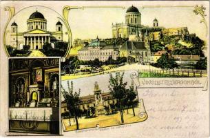 1900 Esztergom, Bazilika, Szentháromság szobor és városháza, Bakács kápolna. Art Nouveau (EK)