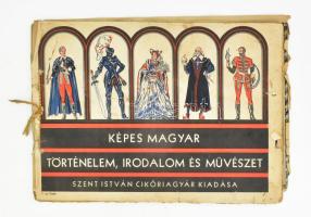 cca 1930-1940 Képes magyar történelem, irodalom és művészet, a Szent István Cikóriagyár gyűjtőalbuma (1. sz. füzet), egy kép híján teljes tartalommal, nemzetiszínű zsinórral fűzve, sérült, helyenként foltos állapotban