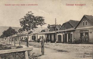 Korompa with co-operative store and the  tailor workshop of Kaufmann Jenő (EK)