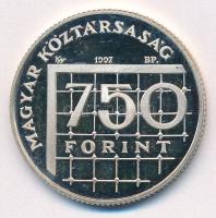 1997. 750Ft Ag "Labdarúgó VB" tanúsítvánnyal, műanyag tokban T:UNC (eredetileg PP) patina
...