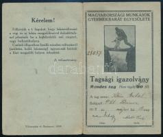 1919 Magyarországi Munkások Gyermekbarát Egyesülete. Tagsági igazolvány. bélyegekkel
