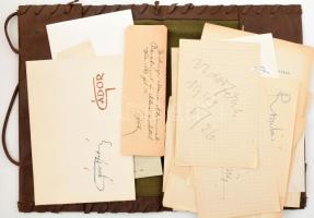 Nagy vegyes aláírás tétel, kb. 70-80 db papírlapon. Közte: Kardos Magda színésznő, Justh Gyula politikus, Gombaszögi Ella, Gombaszögi Frida, Csanádi György közlekedésmérnök, politikus, Pálos György színész fotója, Botond-Bolics György író, Szentgyörgyi Kornél festőművész, Kadosa Pál zeneszerző, Kórodi András karmester, Lukács Pál brácsaművész, Kristóf Károly író, újságíró, Dénes Zsófia író, újságíró, Szalatnyay József festőművész, Rományi József költő, Vidor Ferike színésznő, Erskine Caldwell író, Gádor István keramikus, Böhm Vilmos politikus és sokan mások. Sok megfejtésre váró darabbal.