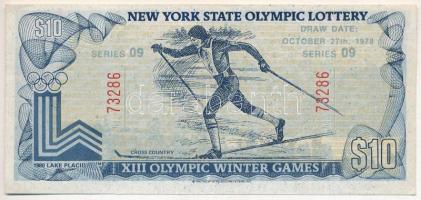 Amerikai Egyesült Államok / New York 1978. "XIII. Téli Olimpiai Játékok" sorsjegy 10$ értékben, "09 73286" sorozat és sorszámmal T:AU USA / New York 1978. "XIII Olympic Winter Games" lottery ticket about 10 Dollars, with "09 73286" with series and serial number C:AU