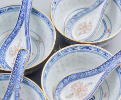 Kínai leveses tál kanállal szett, 5 db tál és 6 db kanál, többféle mintával, jó állapotban