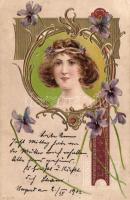 Lady, Art Nouveau, Emb. litho s: V.S.M., Hölgy, Art Nouveau, Emb. litho s: V.S.M.