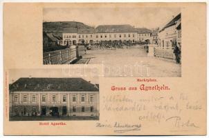 1901 Szentágota, Agnetheln, Agnita; Marktplatz, Hotel Agnetha / Piactér, üzletek, Agnetha szálloda / market square, shops, hotel (vágott / cut)