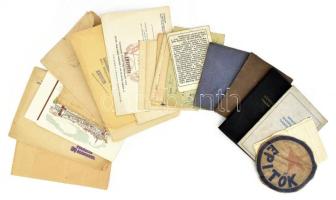 cca 1950 Simári László kajakozó okmány hagyatéka, május 1 meghívó, Építők felvarró, stb
