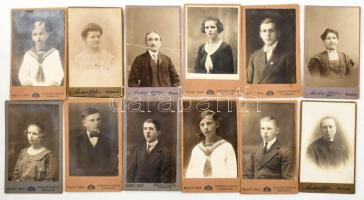 cca 1900-1910 Vegyes portrék, 12 db keményhátú vizitkártya, Ábrahám István (Miskolc), ill. Rásky Imre (Diósgyőr-Vasgyár) műterméből, változó állapotban, 10,5x6,5 cm