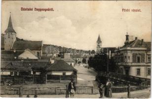 1911 Nagyenyed, Aiud; Fő tér, Gazdasági bank, templom. Földes Ede kiadása / main square, bank, church (EK)