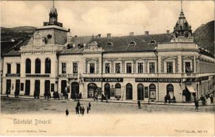 Déva, Fő tér, városháza, Hirsch Testvérek, Szőcs F. Lajos, Holtzer Károly, Rhemann és Lobstein üzlete / town hall, main square, shops (fl)