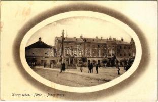 Karánsebes, Caransebes; Fő tér, Halász Nándor üzlete, gyógyszertár, Kereskedők Egyesülete. H. Perlfaster és fia kiadása / main square, shops, pharmacy, traders' association (fl)