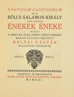 Canticum canticorum az az bölcs Salamon király által szerzett Énekek éneke mellyet a régi és igaz szent könyvekből magyar nyelvre fordított Heltai Gáspár kolozsvári prédikátor. Sajtó alá rendezte: Király György. Kozma Lajos fametszetű könyvdíszeivel. A tipográfiai elrendezés Kner Imre munkája. Monumenta literarum. I. sorozat, 1. füzet. Gyoma, 1921., Kner Izidor, 14+2 p. Kiadói papírkötésben, restaurált borítóval. Megjelent 600 példányban. Számozatlan példány!