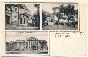 1903 Dés, Dej; Rákóczi ház, Törvényszék, Szolnok-Doboka vármegye Nemzeti színháza. Gálócsi kiadása / Rákóczi house, court, theatre (EK)