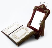 cca 1900 Díszes fotóalbum, tükörrel, fa állvánnyal, restaurált, album: 27×22 cm, állvány: 44×28 cm