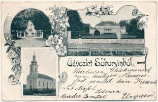 1903 Soborsin, Savarsin; Gróf Hunyadi kastélya, Erzsébet királyné (Sissi) szobor, Római katolikus templom, Görögkeleti (ortodox) templom / castle, Empress Elisabeth of Austria (Sisi) monument, Catholic church, Orthodox church. Art Nouveau, floral (EK)