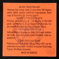 Ikon. Szent Mihály Arkangyal. Ezüst (Ag) okláddal borítva, jelzett. Hátoldalán etikett tanúsítja, ho...