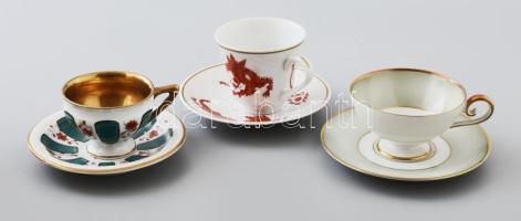 3 antik gyűjtői csésze alátéttel, klf jelzéssel, közte sárkánymintás Weimar csésze, hibátlan, m: 6-7 cm