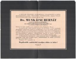 1937 Munkácsi Bernát (1860-1937) nyelvész, néprajztudós, MTA tag, a pesti izr. hitközség ny. tanfelügyelőjének halálozási értesítője, hajtott.