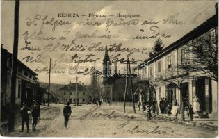 Resicabánya, Resicza, Recita, Resita; Fő utca, templom, üzletek. Braumüller L. kiadása / main street, church, shops (fa)