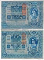 Ausztria 1919. (1902.) 1000K mindkét oldal német, piros DEUTSCHÖSTERREICH függőleges felülbélyegzéssel (2x) T:III  Austria 1902. 1000 Kronen both sides German, with red DEUTSCHÖSTERREICH vertical overprint (2x) C:F  Krause P#59