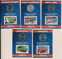 Amerikai Egyesült Államok 2001. 1/4$ Cu-Ni "50 állam" (5xklf) bélyeges karton díszlapon T:UNC  USA 2001. 1/4 Dollar Cu-Ni "50 States" (5xdiff) on cardboard display sheet with stamp C:UNC