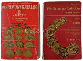 Günter Schön: Weltmünzkatalog, 19. Jahrhundert, 5. Auflage, 1982 - 19. századi világ pénzei katalógus, 5. kiadás. Battenberg, München, 1973. + Günter Schön: Weltmünzkatalog 20. Jahrhundert. 11. Auflage. München, Battenberg, 1979. Sérülésekkel, használt állapotban.