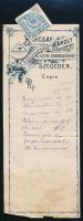 cca 1920-1940 Szeged, Barcsay Károly gyógyszertára az Isteni gondviseléshez, fejléces papírra írt recept, bélyeggel. Kissé sérült, alján foltos, 22x8,5 cm