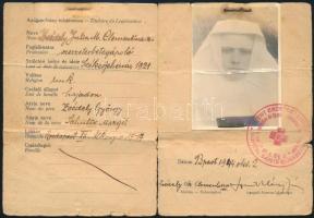 1944 Szent Erzsébet Kórház fényképes vöröskeresztes igazolványa betegápoló apáca részére, 1944. okt....