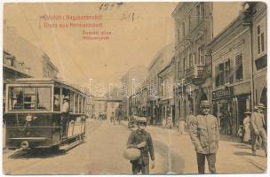 1908 Nagyszeben, Hermannstadt, Sibiu; Disznódi utca, villamos, C. Niedermaier, C.W. Wessler üzlete. W.L. (?) No. 68. / Heltauergasse / street view, tram, shops (fa)