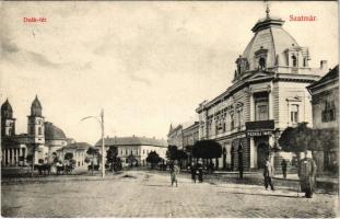 1910 Szatmárnémeti, Szatmár, Satu Mare; Deák tér, Paskuj Imre üzlete, Első Magyar Biztosító Társaság, Nemzeti Baleset Biztosító. Cseplák Bálint kiadása / square, shops, insurance company (EK)