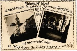 Szatmárnémeti, Szatmár, Satu Mare; "Üdvözöl téged a szatmári Irgalmas Nővérek Anyaháza és szeretettel vár a 100 éves jubileumára 1842-1942" Uránia mozi, zárdatemplom belső / Sisters of Mercy Institute's 100th anniversary, nunnery, church interior, cinema. K. A. photo (fl)